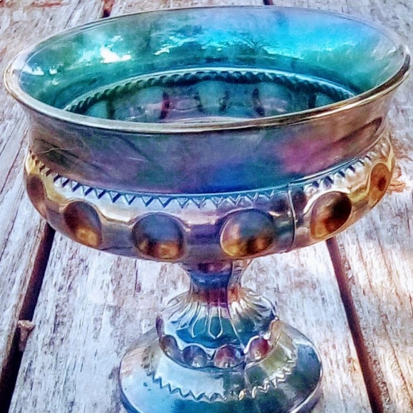 Indiana Glass Thumbprint Blue Iridescent Pedestal Compote Dish Vintage 1960s - Picture 1 of 10